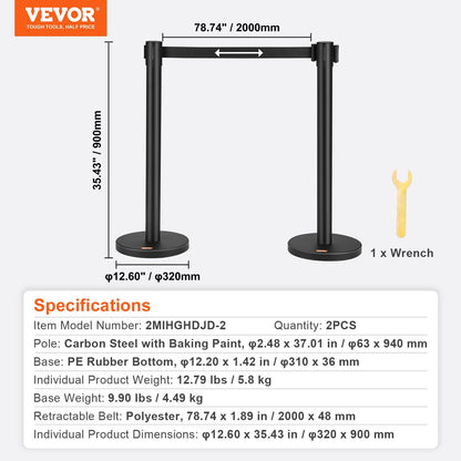 2-Pack Carbon Steel Queue Posts with 2m Retractable Belt for Crowd Control
