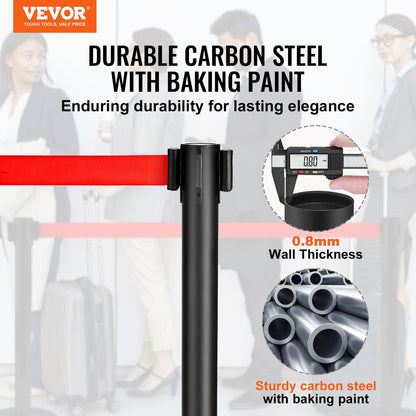 Carbon Steel Queue Posts with 3.3m Red Belt, 2-Pack, for Airports & Exhibitions