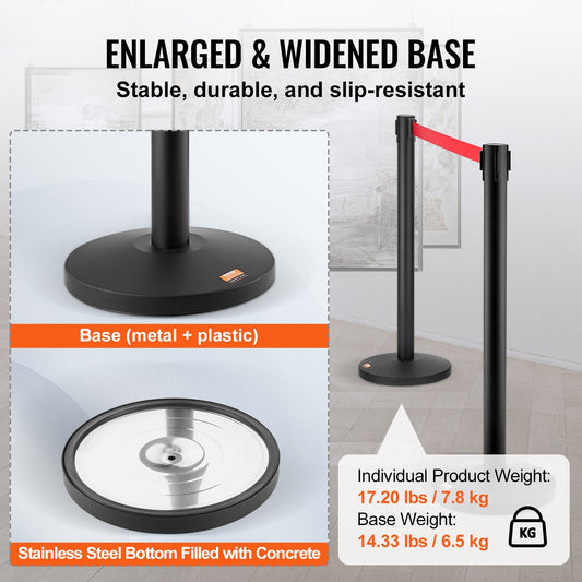 Carbon Steel Queue Posts with 3.3m Red Belt, 2-Pack, for Airports & Exhibitions