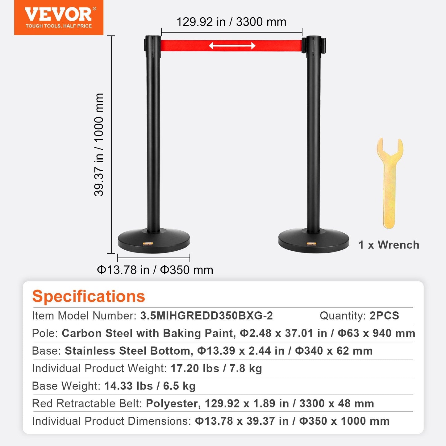 Carbon Steel Queue Posts with 3.3m Red Belt, 2-Pack, for Airports & Exhibitions