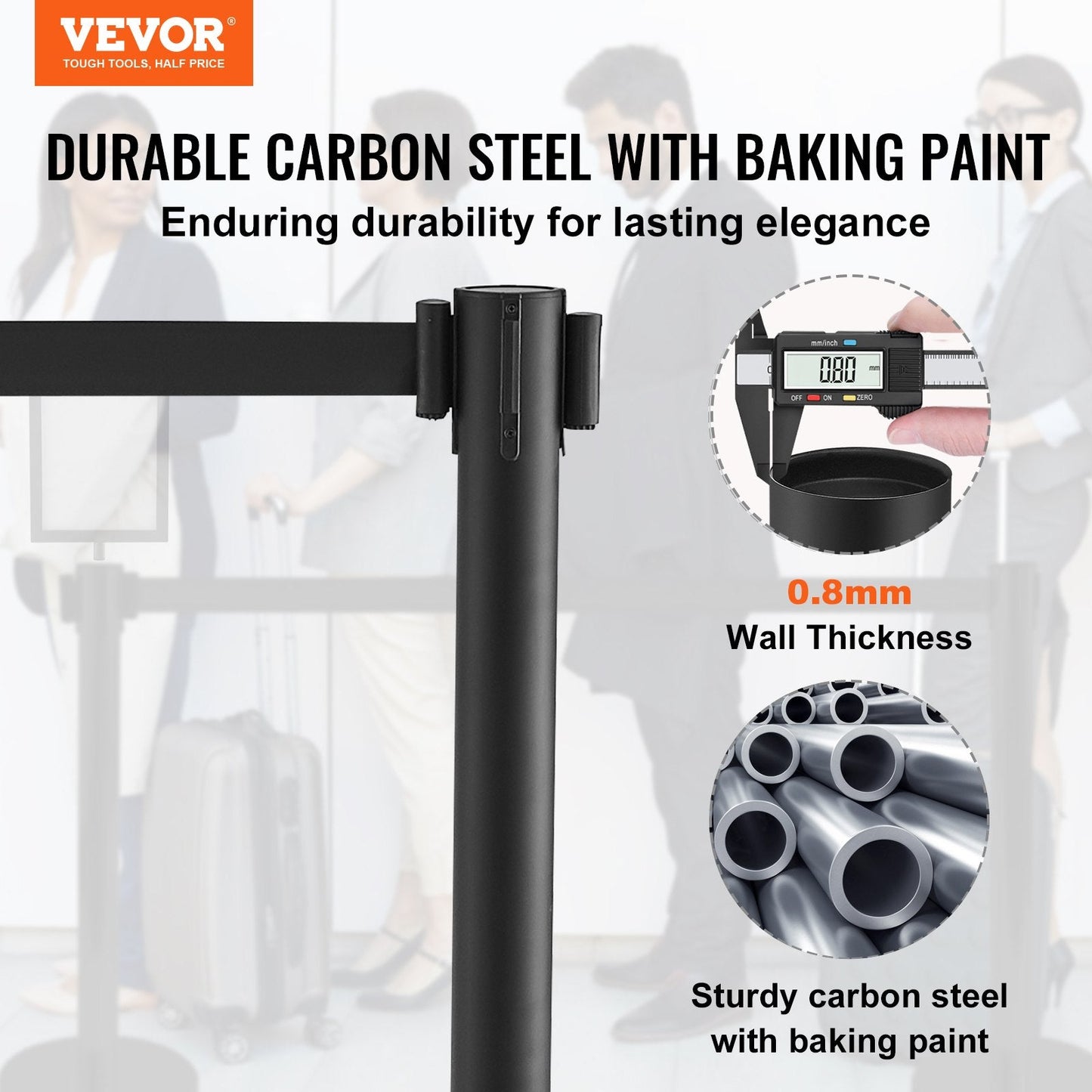 6-Pack Carbon Steel Queue Posts with Retractable Belts and Sign Holders