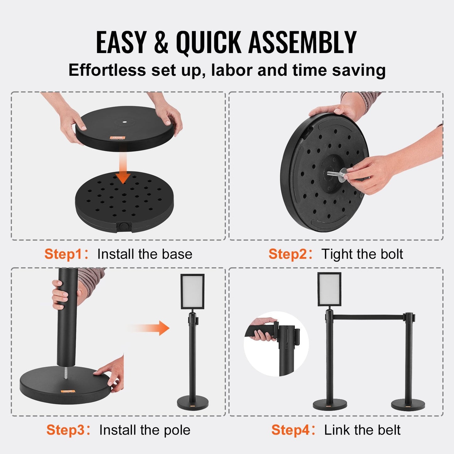 6-Pack Carbon Steel Queue Posts with Retractable Belts and Sign Holders