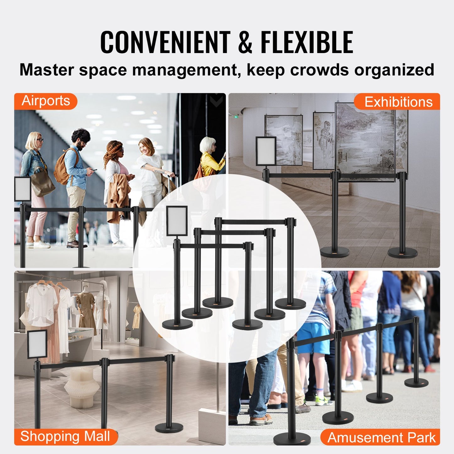 VEVOR Crowd Control Stanchions, 6-Pack Crowd Control Barriers, Carbon Steel Baking