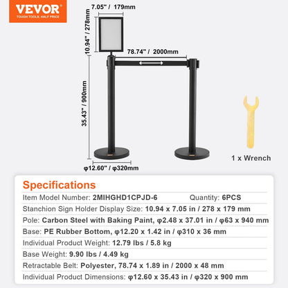 6-Pack Carbon Steel Queue Posts with Retractable Belts and Sign Holders