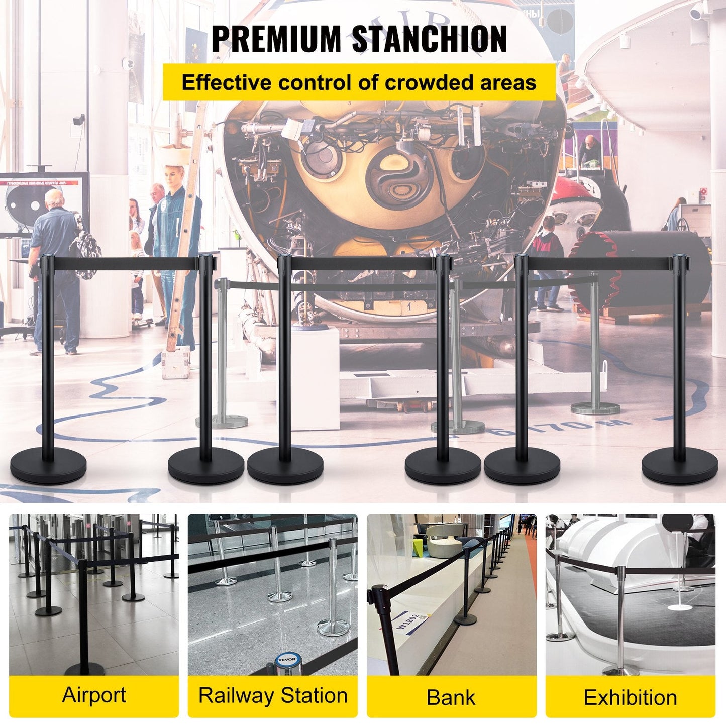 6-Piece Black Retractable Belt Stanchion Set with 2m Belt for Crowd Control