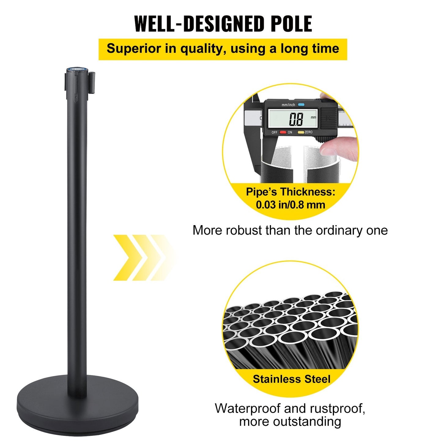 6-Piece Black Retractable Belt Stanchion Set with 2m Belt for Crowd Control