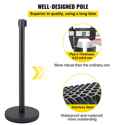 6-Piece Black Retractable Belt Stanchion Set with 2m Belt for Crowd Control