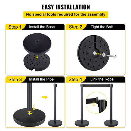 6-Piece Black Retractable Belt Stanchion Set with 2m Belt for Crowd Control