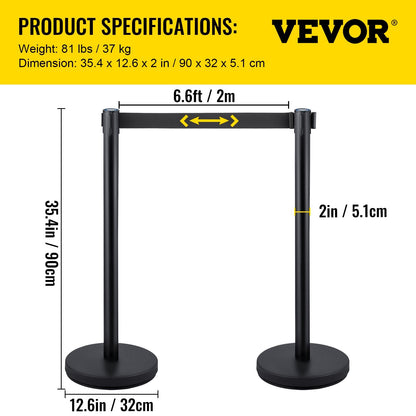 6-Piece Black Retractable Belt Stanchion Set with 2m Belt for Crowd Control