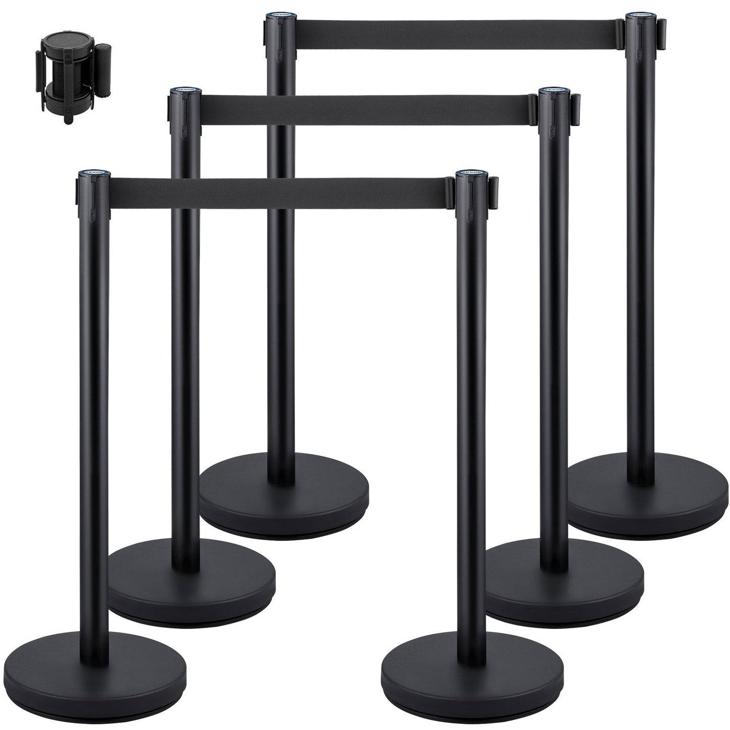 6-Piece Black Retractable Belt Stanchion Set with 2m Belt for Crowd Control