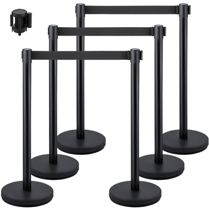 6-Piece Black Retractable Belt Stanchion Set with 2m Belt for Crowd Control