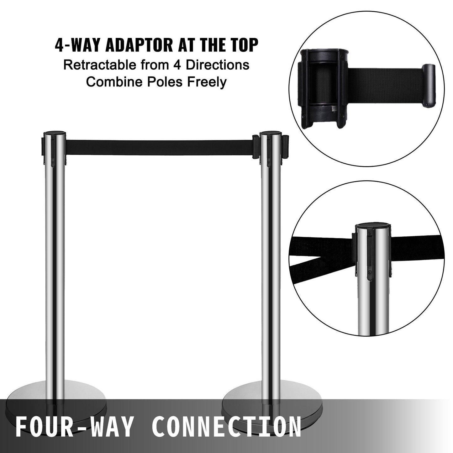 Crowd Control Stanchions Set of 6 with 3 Retractable 2m Belts and Stable Base