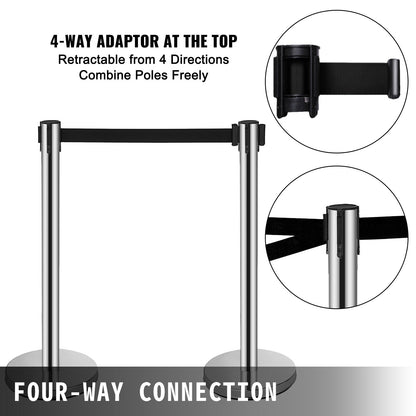 Crowd Control Stanchions Set of 6 with 3 Retractable 2m Belts and Stable Base