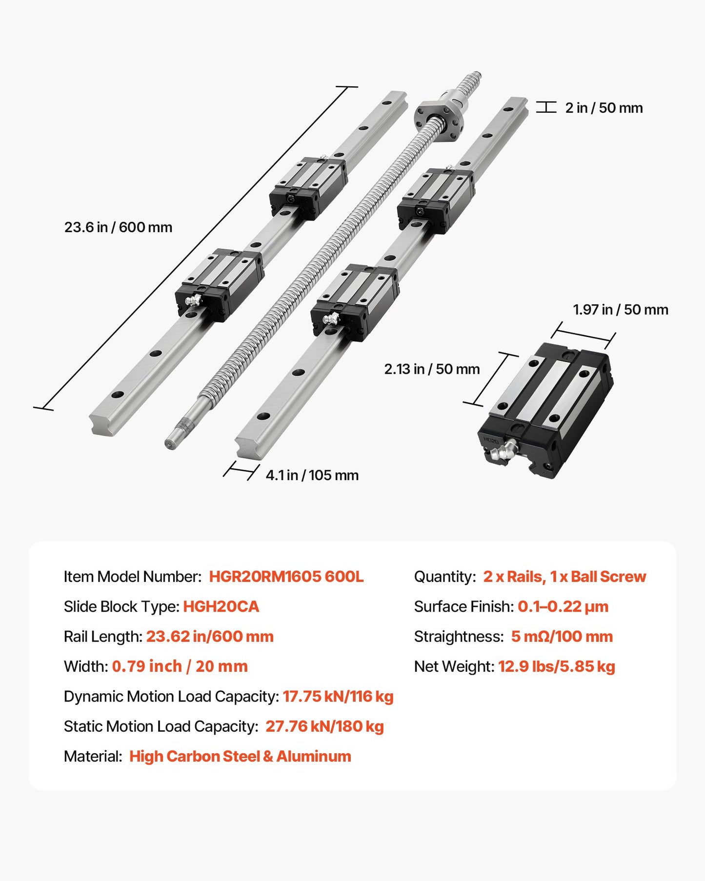 Linear Rail Guide Kit, HGR20, 2PCS 600 mm (23.62 inch) Linear Rails and 1PCS Ball Screw, 4PCS Slide Blocks, with BF12/BK12 End Support, Coupling, and Nut Housing, for DIY CNC Routers Lathes