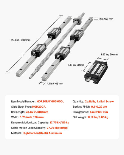 Linear Rail Guide Kit, HGR20, 2PCS 600 mm (23.62 inch) Linear Rails and 1PCS Ball Screw, 4PCS Slide Blocks, with BF12/BK12 End Support, Coupling, and Nut Housing, for DIY CNC Routers Lathes