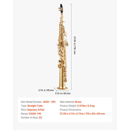 VEVOR Gold Brass Straight Soprano Saxophone B Flat Sax with Case Mouthpiece