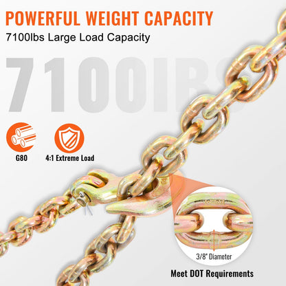 Heavy-Duty Tow Chain with Hooks, 14.5 kg, 10 mm x 6.1 m, Manganese Steel