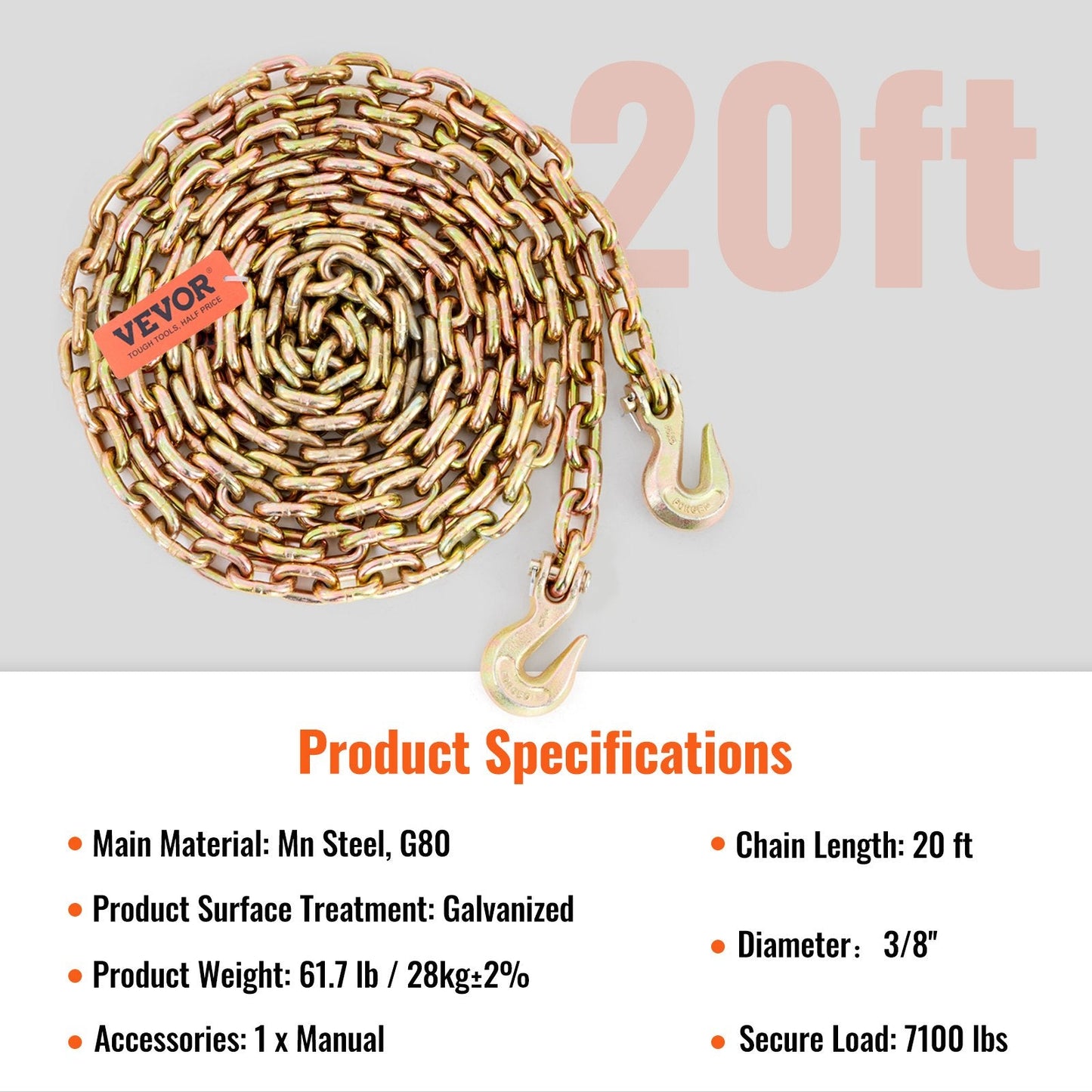 Heavy-Duty 3220 kg G80 Tow Chain with Grab Hooks, 3/8" x 6m, 2-Pack
