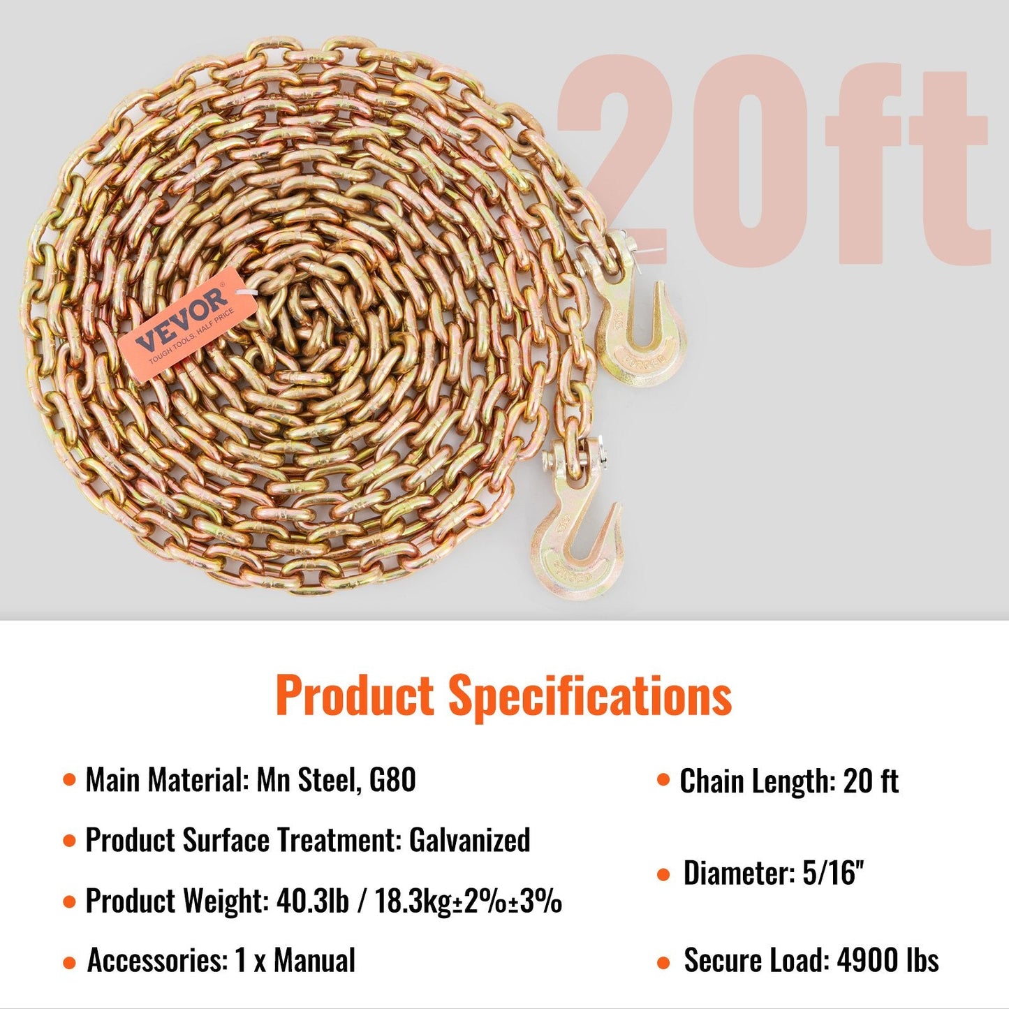 Heavy-Duty G80 Tow Chain, 2-Pack, 2222 kg Load Limit, 0.8m x 6m, Galvanized Steel