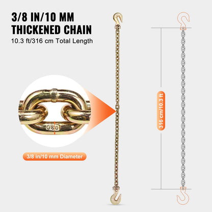 Heavy-Duty G80 Tow Chains with Hooks 10mm x 3.16m, 2 Pack, 3.22T Capacity