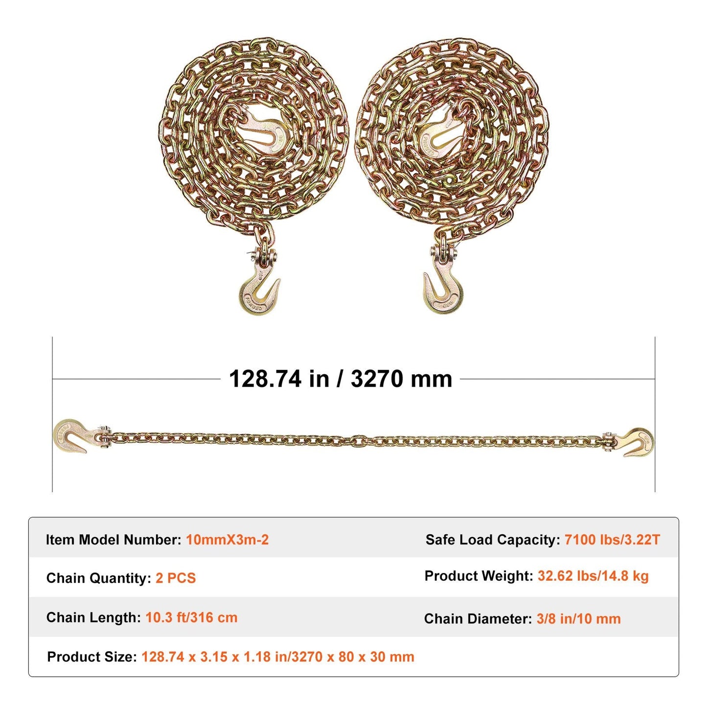 Heavy-Duty G80 Tow Chains with Hooks 10mm x 3.16m, 2 Pack, 3.22T Capacity