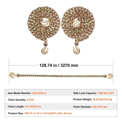 Heavy-Duty G80 Tow Chains with Hooks 10mm x 3.16m, 2 Pack, 3.22T Capacity