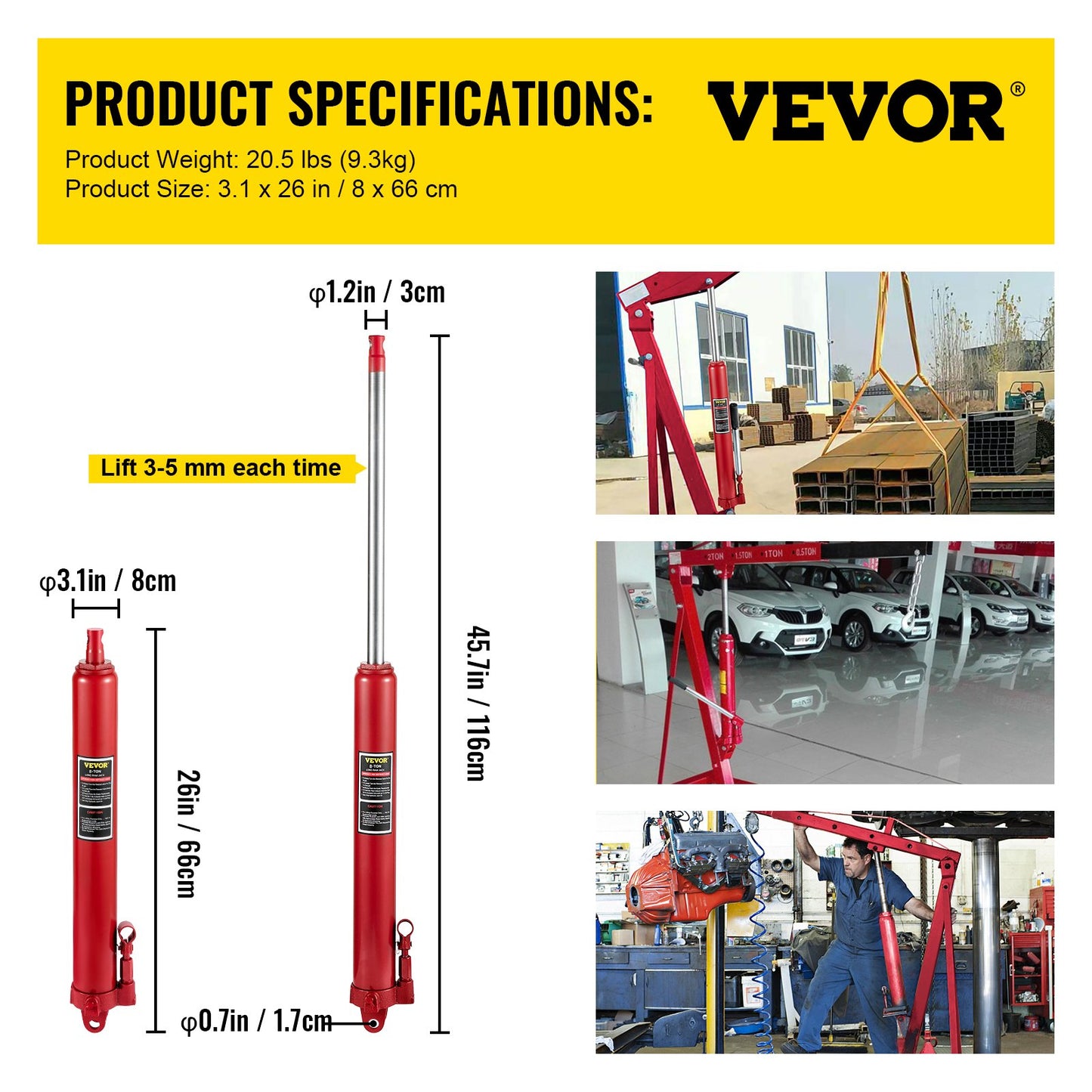 VEVOR Hydraulic Long Ram Jack Manual Single Pump 8 Ton Engine Lift Cherry Picker