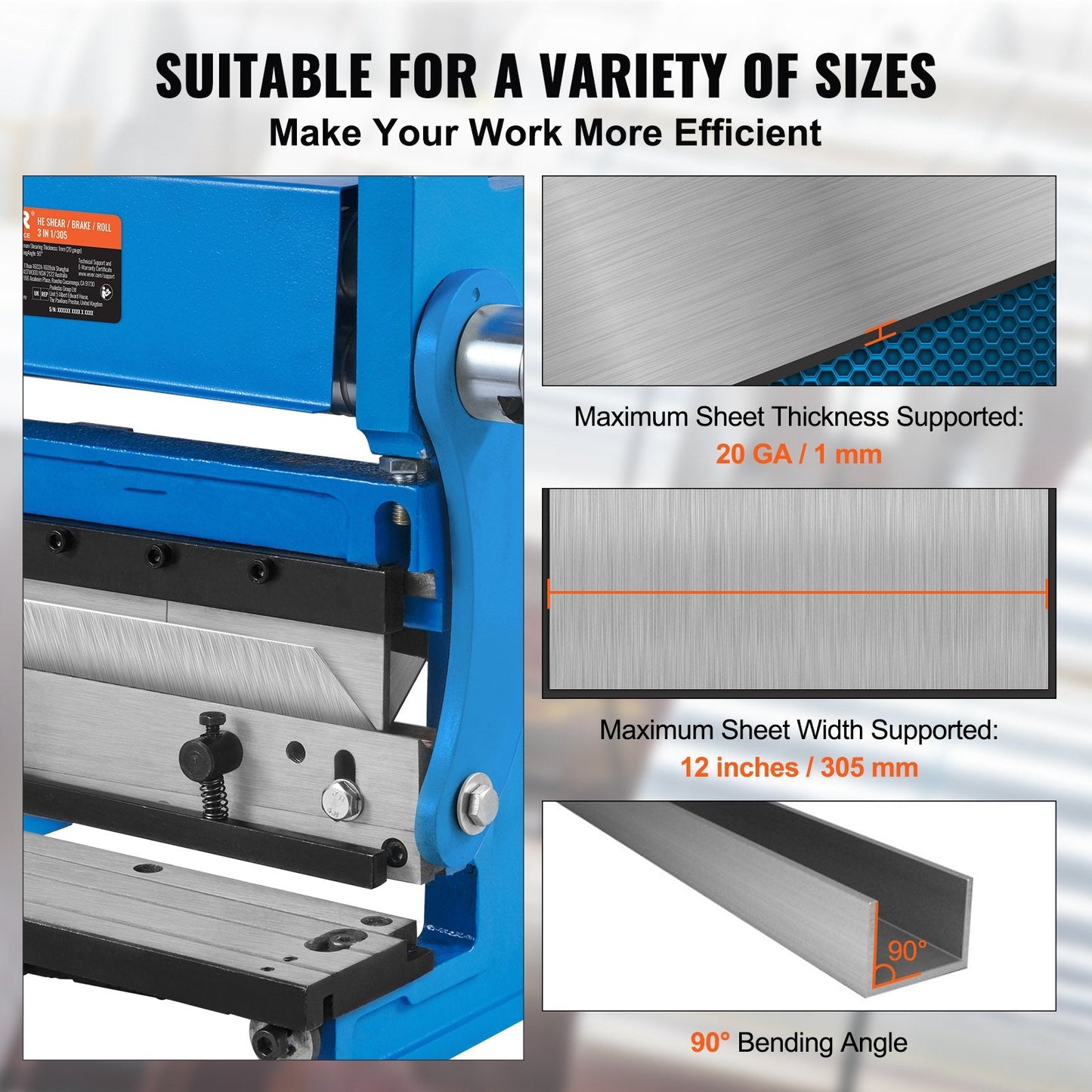 3-in-1 Sheet Metal Shear Brake Roll Machine, 305 mm, 1 mm Capacity, 90° Bend