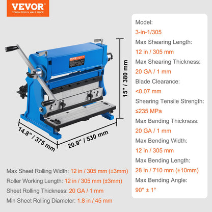 VEVOR Sheet Metal Brake, 305 mm, 3-In-1 Combination Shear Brake Roll Machine, 1