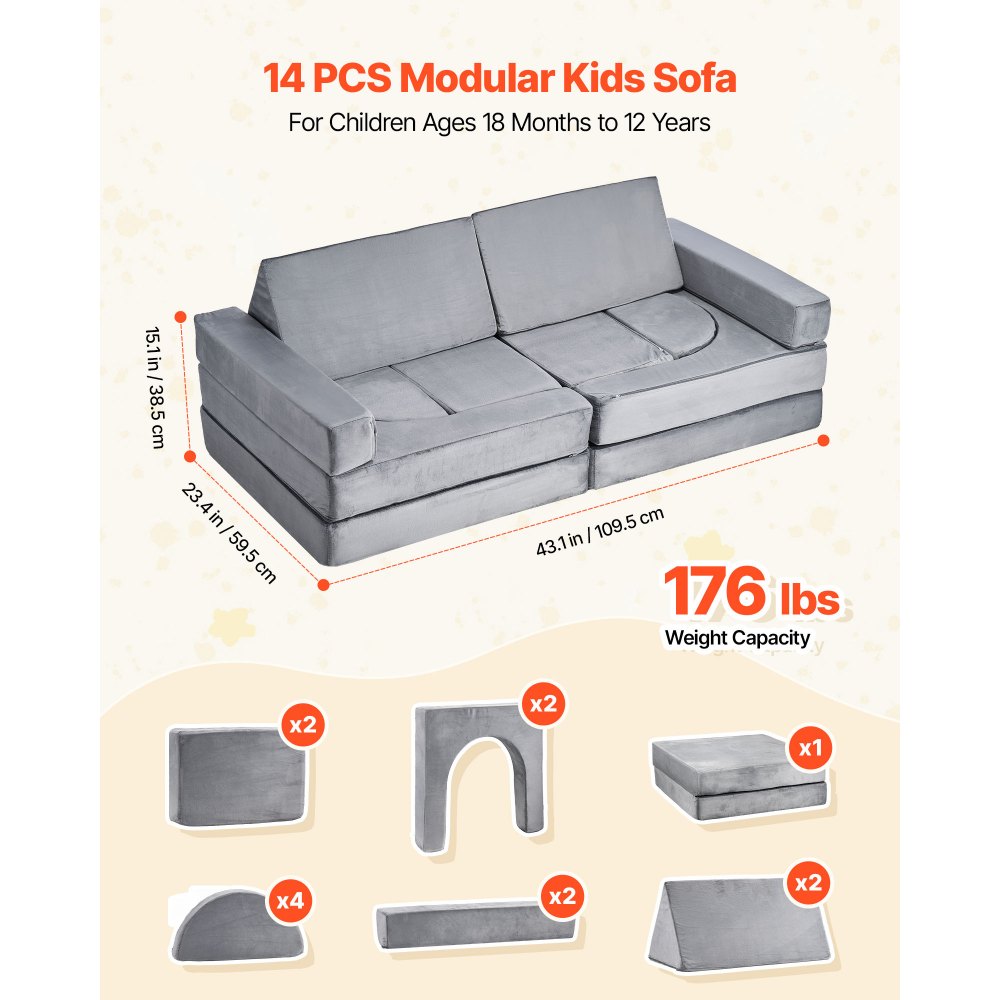 Modular Kids Play Couch, Sectional Toddler Sofa with Armrests, 28D Sponge & Short Pile, Convertible Kids Modular Couch D