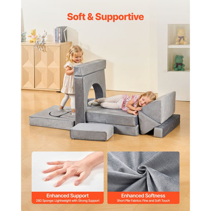 Modular Kids Play Couch, Sectional Toddler Sofa with Armrests, 28D Sponge & Short Pile, Convertible Kids Modular Couch D