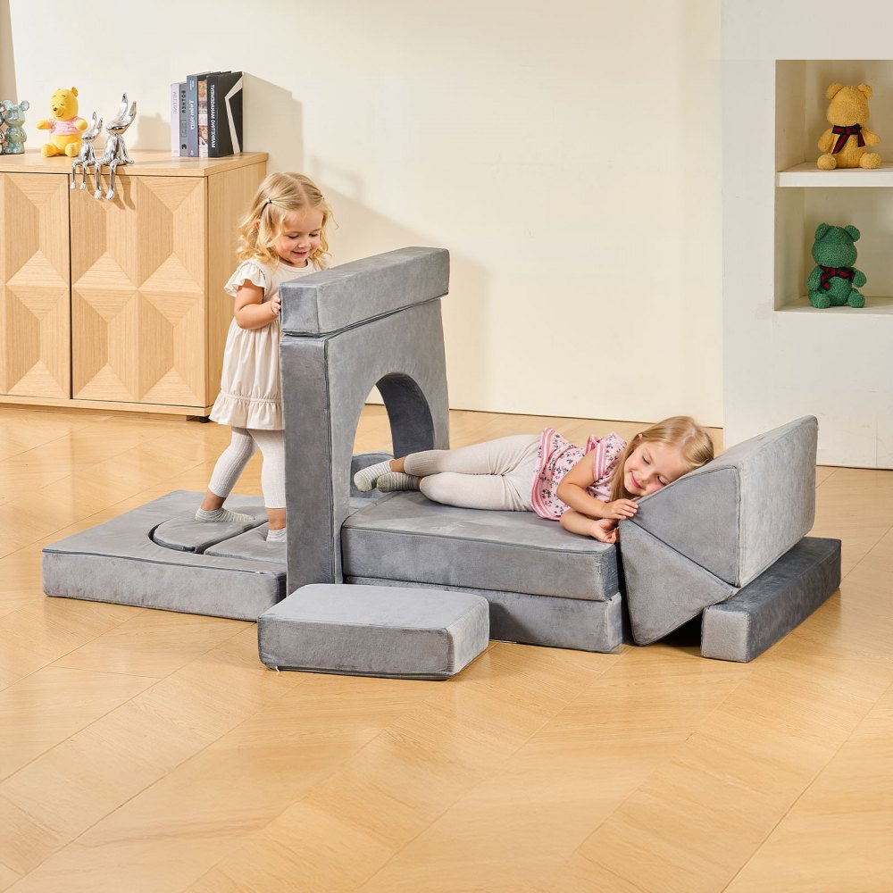 Modular Kids Play Couch, Sectional Toddler Sofa with Armrests, 28D Sponge & Short Pile, Convertible Kids Modular Couch D
