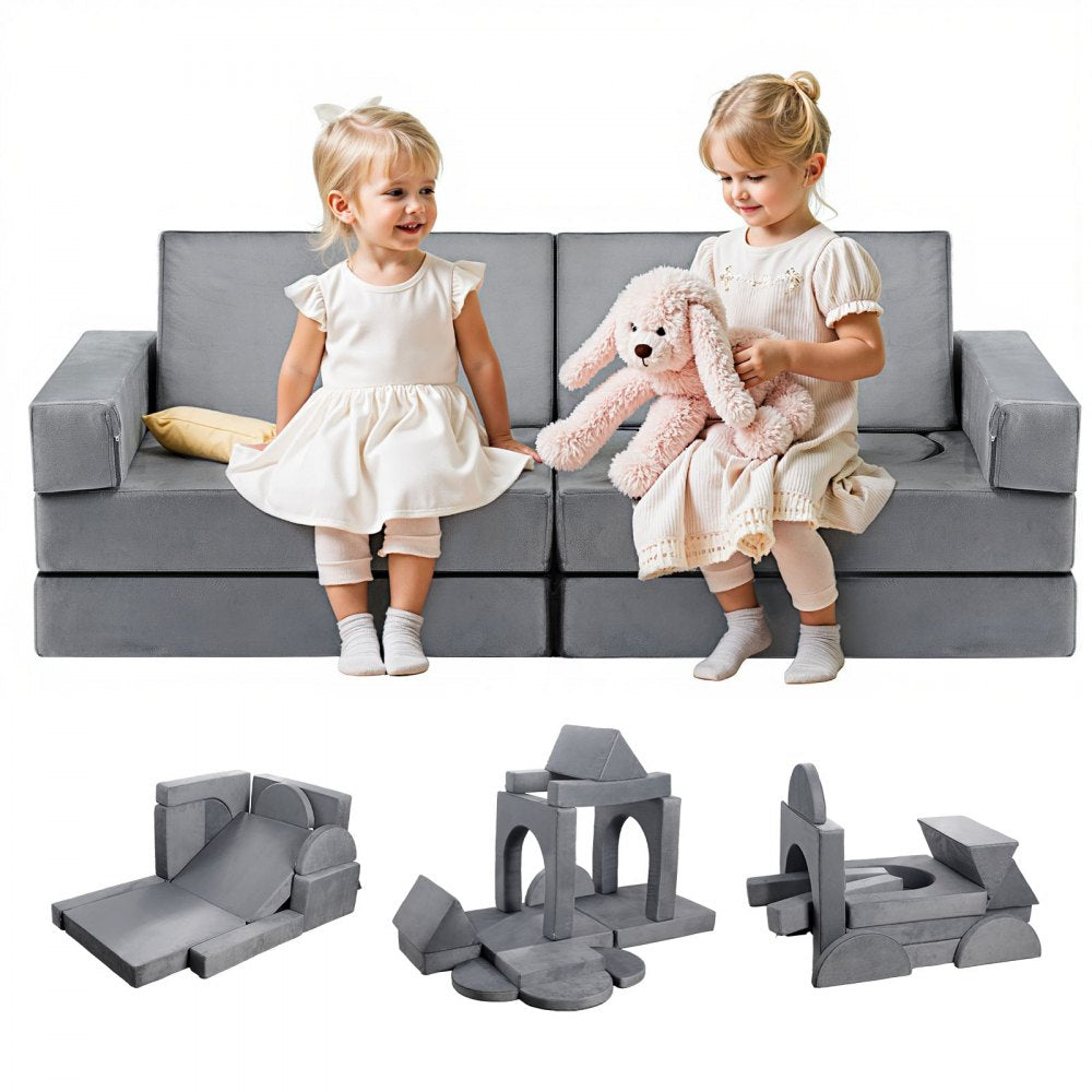 Modular Kids Play Couch, Sectional Toddler Sofa with Armrests, 28D Sponge & Short Pile, Convertible Kids Modular Couch D