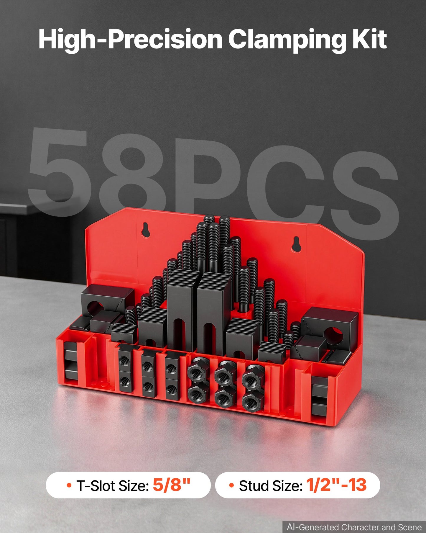 58 Piece 5/8" T-Slot Clamping Kit Hold Down Clamp 1/2"-13 Stud Size, for Bridgeport Mills, Standard Milling Machine, Drill Press, Heat Treated and Precision Ground, Flexible Height Adjustment