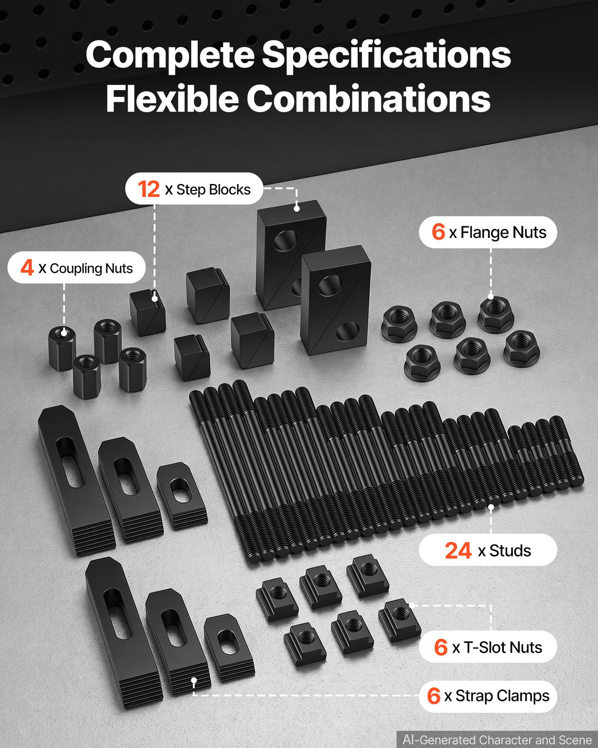 58 Piece 5/8" T-Slot Clamping Kit Hold Down Clamp 1/2"-13 Stud Size, for Bridgeport Mills, Standard Milling Machine, Drill Press, Heat Treated and Precision Ground, Flexible Height Adjustment