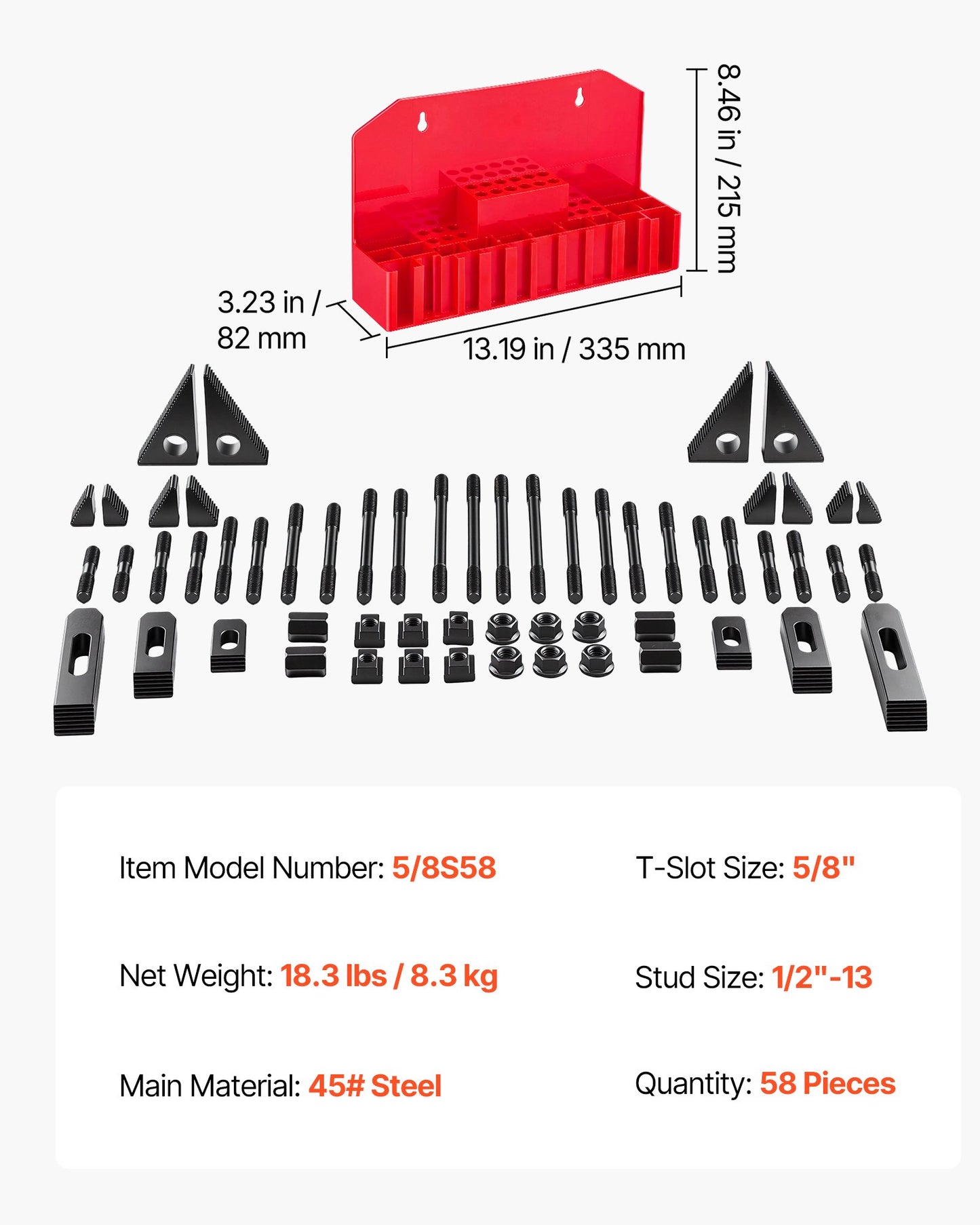 58 Piece 5/8" T-Slot Clamping Kit Hold Down Clamp 1/2"-13 Stud Size, for Bridgeport Mills, Standard Milling Machine, Drill Press, Heat Treated and Precision Ground, Flexible Height Adjustment