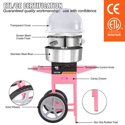 Commercial Sugar Floss Maker with Cart & Cover, 1000W, 0.5m Baffle, Pink