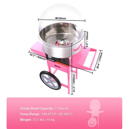 Commercial Sugar Floss Maker with Cart & Cover, 1000W, 0.5m Baffle, Pink
