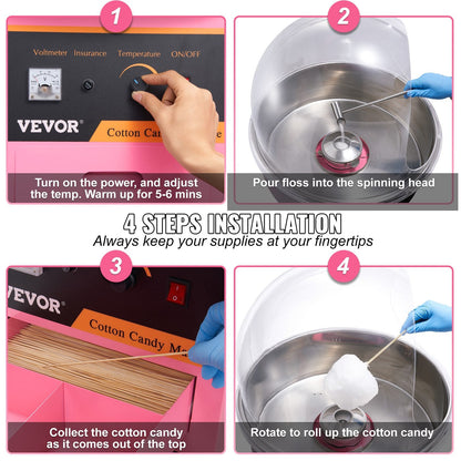 Commercial Cotton Candy Maker with Cover, 1000W, Pink, 11 kg, 0.5m Baffle