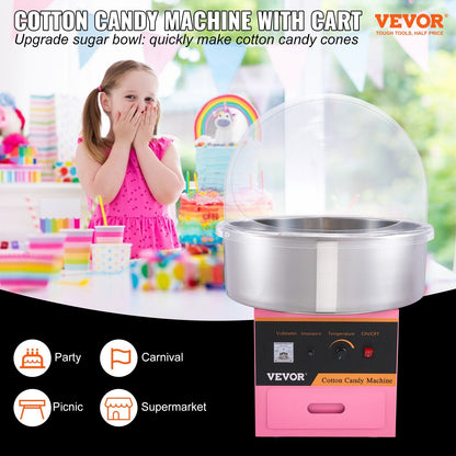 Commercial Cotton Candy Maker with Cover, 1000W, Pink, 11 kg, 0.5m Baffle