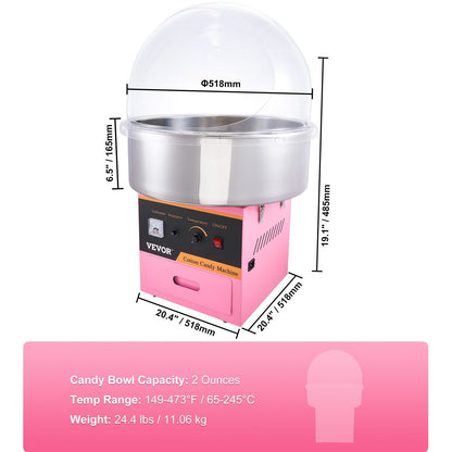 Commercial Cotton Candy Maker with Cover, 1000W, Pink, 11 kg, 0.5m Baffle