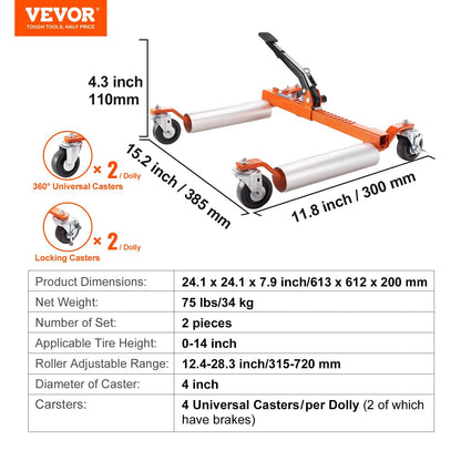 Heavy-Duty Ratcheting Wheel Dolly, 1360 kg Capacity, 2-Pack for Auto & Truck