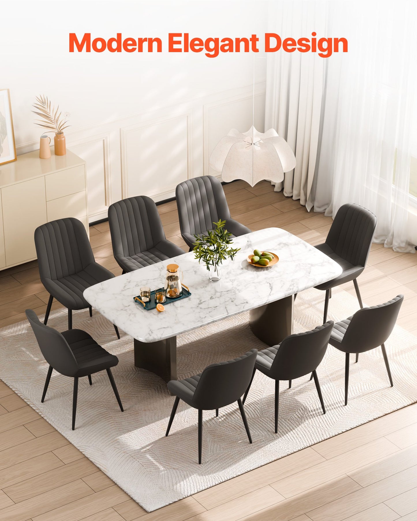 Modern Dining Room Accent Chairs Set of 8, Upholstered Fabric Side Chair for Dining Tables, Space-Saving Kitchen Table Chair with Thick Cushions and Metal Legs, Black