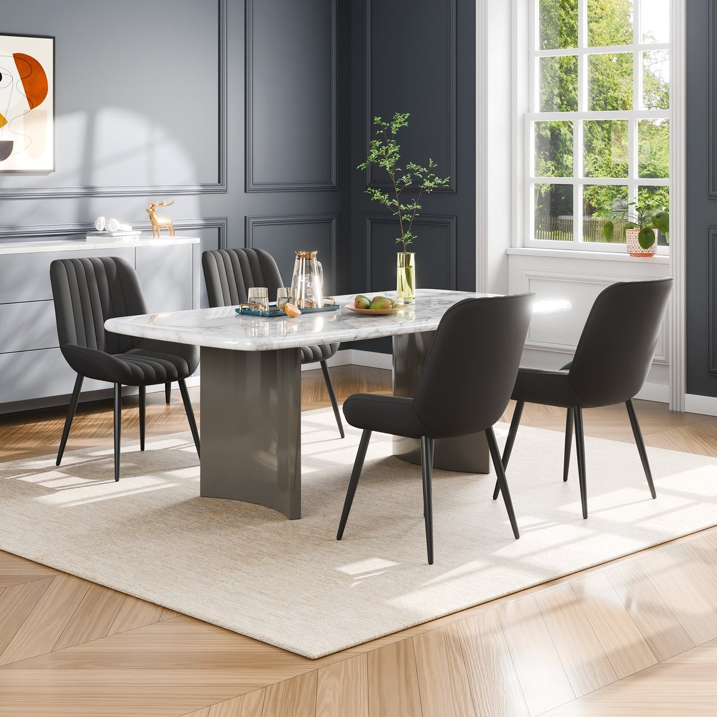 Modern Dining Room Accent Chairs Set of 8, Upholstered Fabric Side Chair for Dining Tables, Space-Saving Kitchen Table Chair with Thick Cushions and Metal Legs, Black