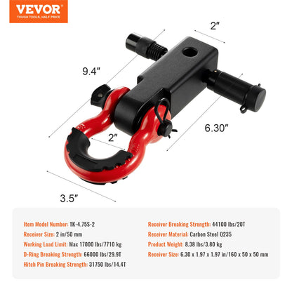 VEVOR 50 mm Trailer Shackle Hitch Receiver D-Ring Recovery for Truck Jeep 29.9T