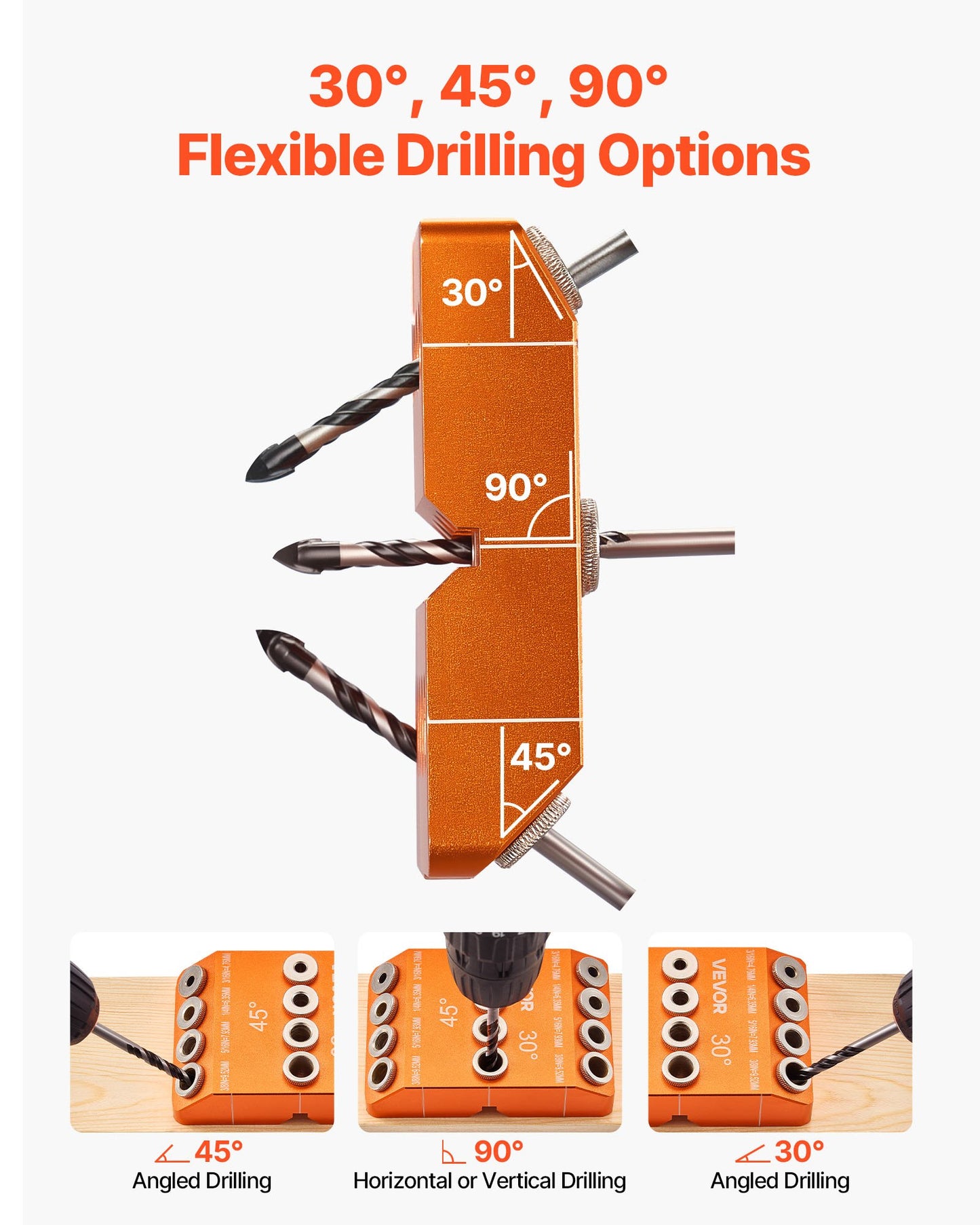 Drill Guide, 30/ 45/ 90 Degree Angle 4 Sizes Portable Precision Drilling Guide Jig, for Drilling Angled or Horizontal Holes, Aluminum Alloy, for Deck Cable Railing Wood Post Stair Handrail