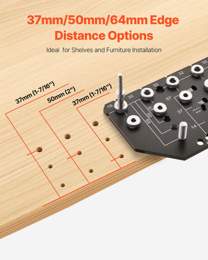 Shelf Pin Jig and Hinge Jig Two-in-One, Aluminum Alloy Cabinet Hardware Hole Drilling Template with 6.4 and 4.8 mm Drill Bits, for Cabinet Doors Bookshelves Wardrobes Woodworking and DIY
