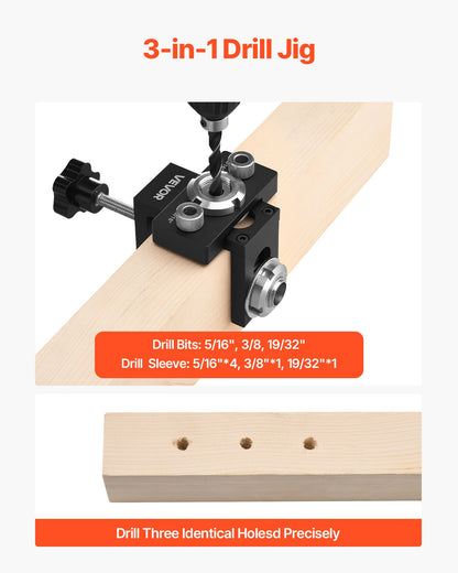 Doweling Jig Kit, Self Centering Dowel Drill Jig for Straight Holes, Aluminum Alloy Woodworking Joints Tool with 3 Size Drill Bits 6.4 / 7.9 / 15 mm, Adjustable Width, for Wood Working