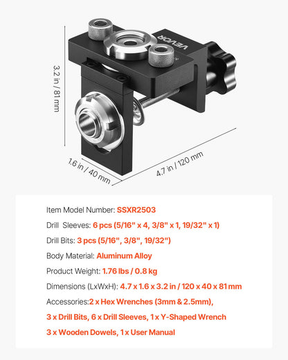 Doweling Jig Kit, Self Centering Dowel Drill Jig for Straight Holes, Aluminum Alloy Woodworking Joints Tool with 3 Size Drill Bits 6.4 / 7.9 / 15 mm, Adjustable Width, for Wood Working