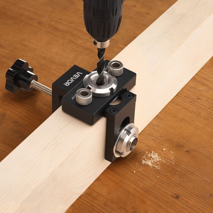 Doweling Jig Kit, Self Centering Dowel Drill Jig for Straight Holes, Aluminum Alloy Woodworking Joints Tool with 3 Size Drill Bits 6.4 / 7.9 / 15 mm, Adjustable Width, for Wood Working